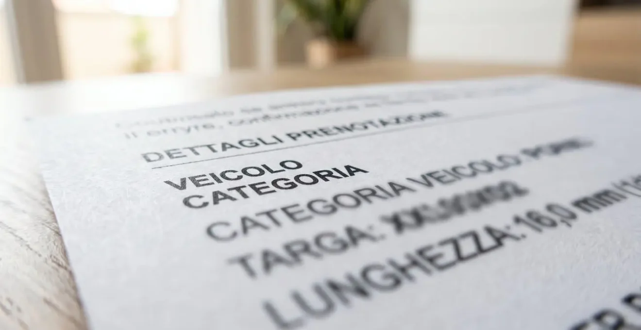 Primo piano ravvicinato di un documento di prenotazione traghetto con la sezione categoria veicolo visibile ma sfocata, su superficie moderna pulita