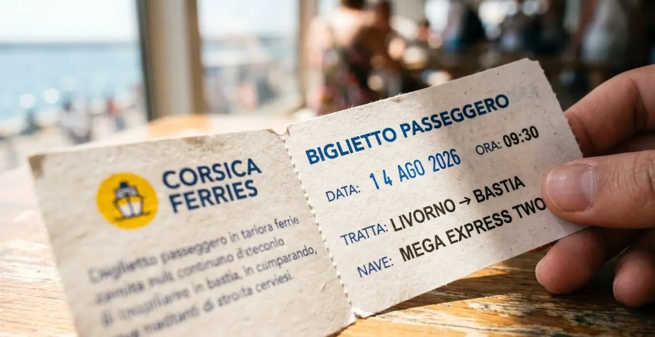 Primo piano di un biglietto traghetto con logo Corsica Ferries parzialmente visibile ma sfocato, posato su un tavolo