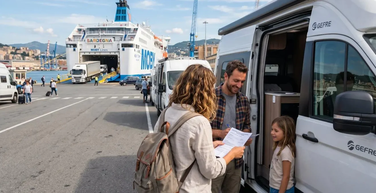 Una famiglia vista di profilo controlla documenti di viaggio vicino al loro camper in un'area portuale, momento spontaneo in luce naturale