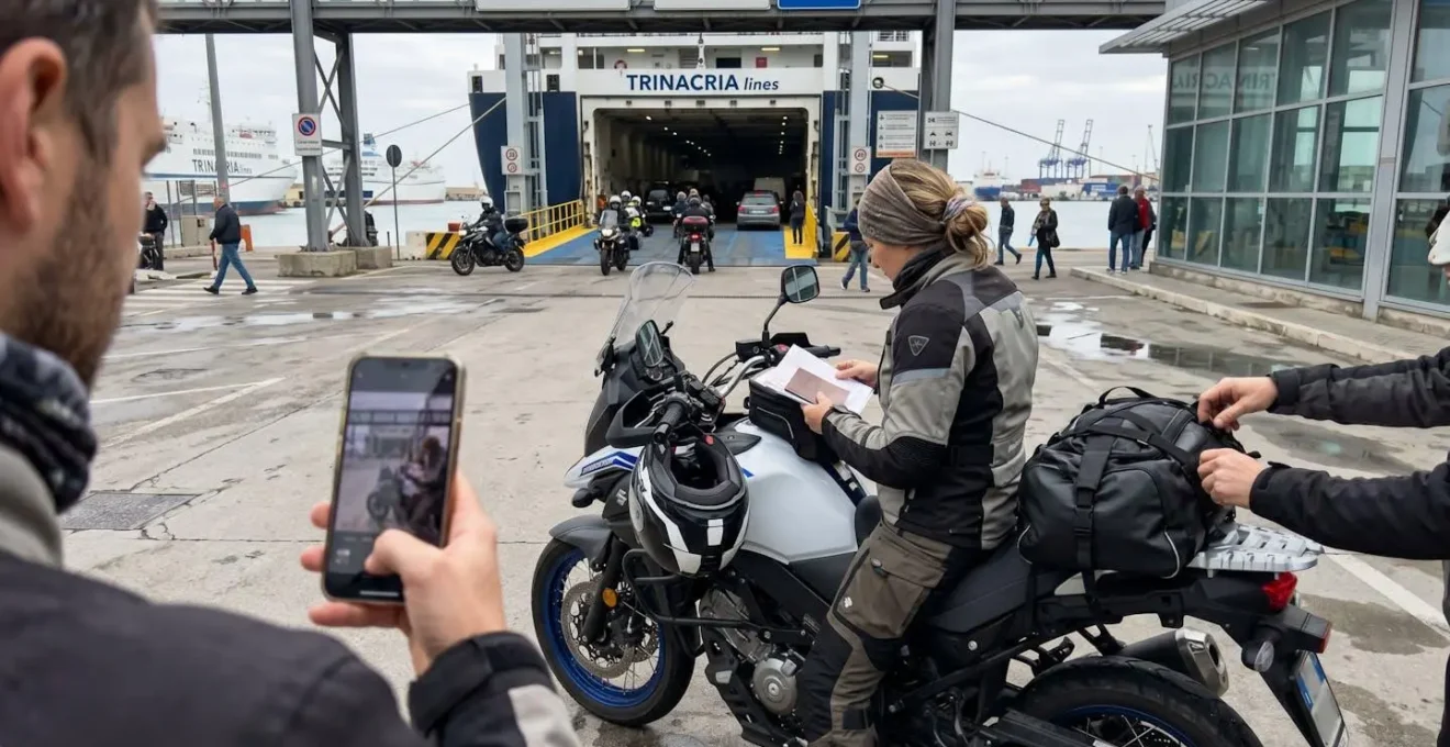 Un motociclista controlla i documenti e sistema i bagagli accanto alla sua moto, ripreso di spalle in un terminal traghetti