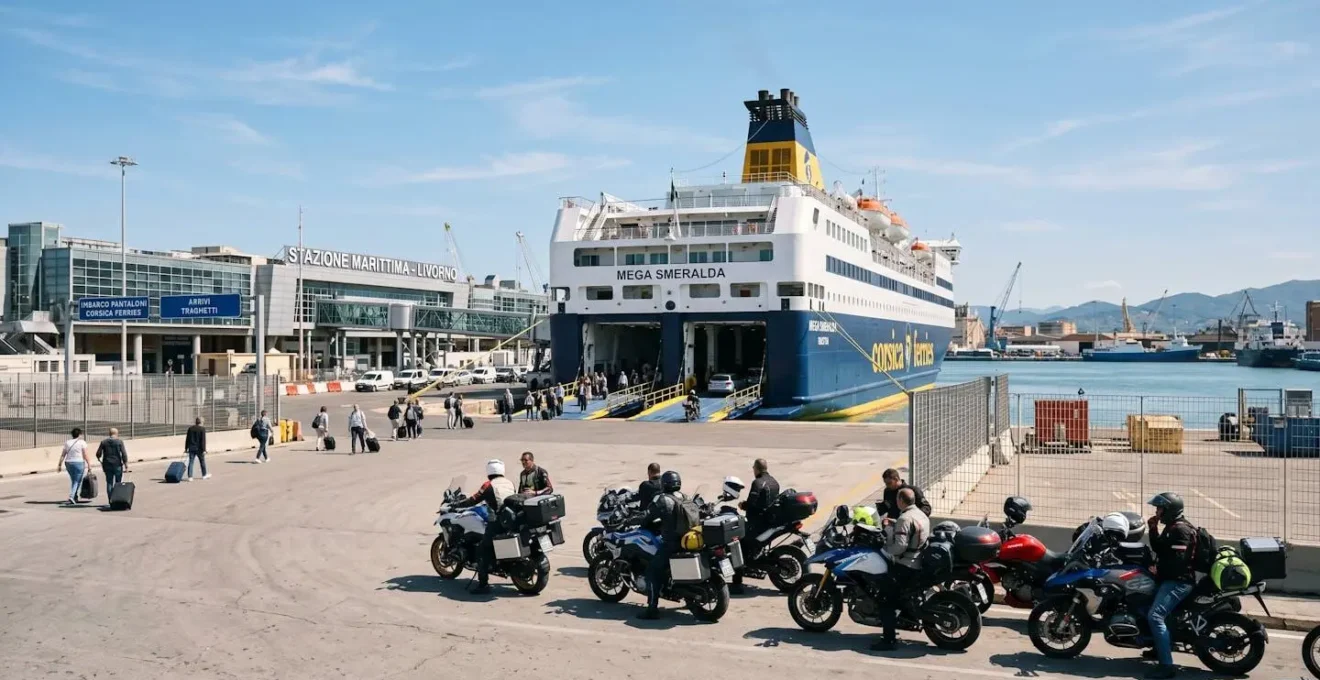 Veduta ampia del porto di Livorno con un traghetto Corsica Ferries ormeggiato, alcune motociclette parcheggiate in primo piano sulla banchina