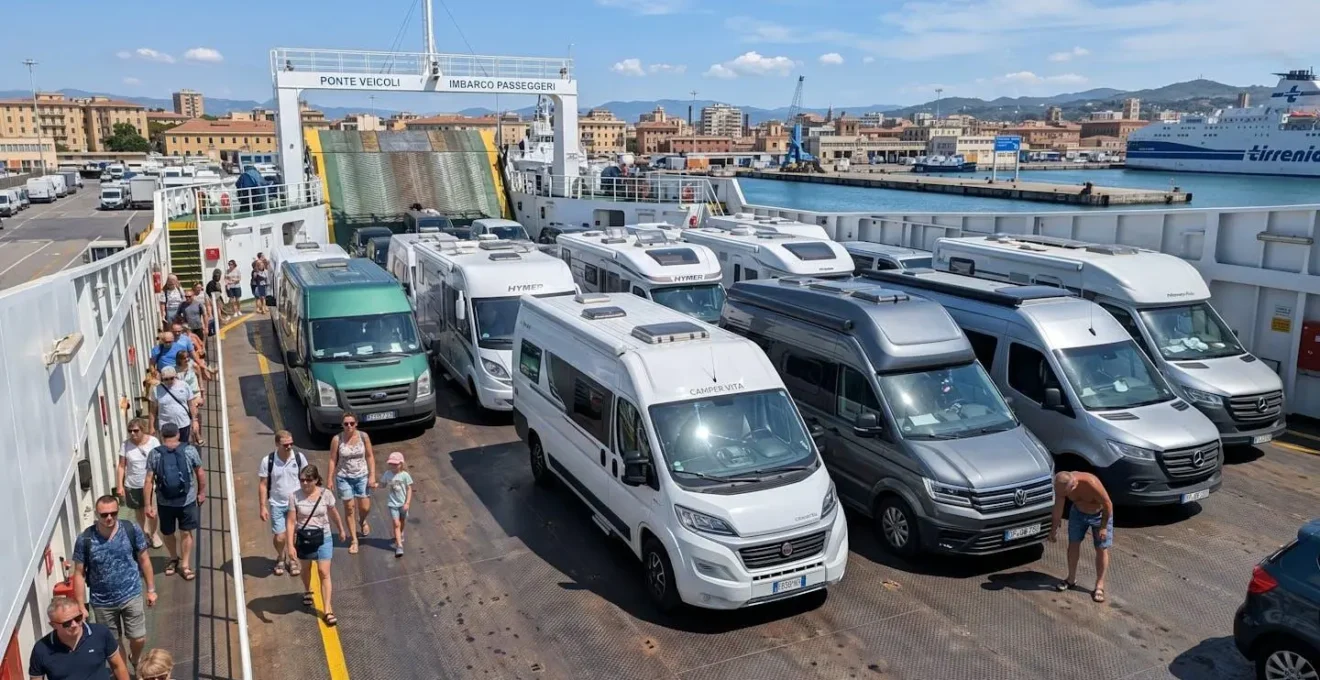 Ponte veicoli di un traghetto moderno con camper parcheggiati durante le operazioni di imbarco in un porto mediterraneo, luce naturale diurna